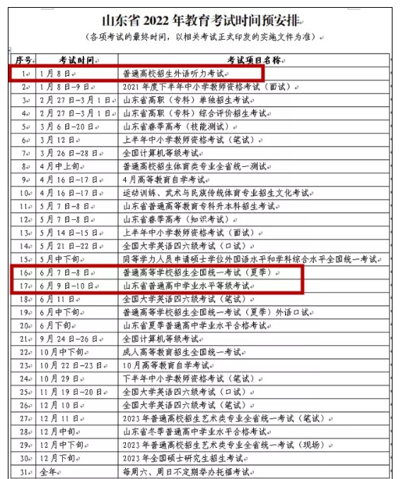 山东考试重要时间节点 山东考试重要时间节点