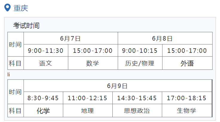 2022年重庆高考6月7日-9日举行 具体科目时间安排 2022年重庆高考6月7日-9日举行 具体科目时间安排